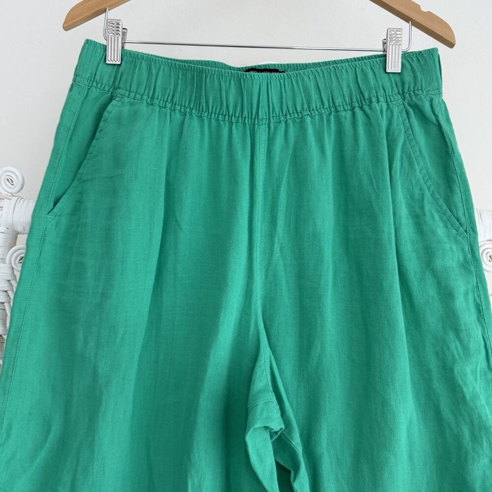 Tahari 100% Linen Pants Large Emerald Green Wide Leg Cropped Pull On Resort Boho - Picture 2 of 7